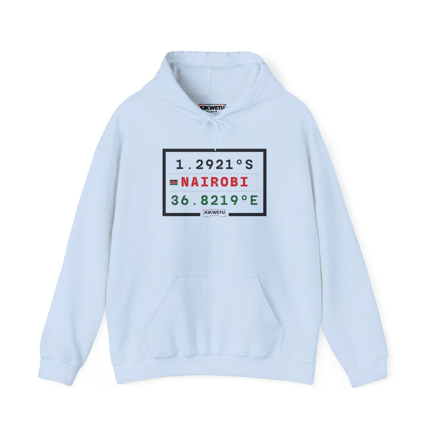 Nairobi Coordinates Hoodie — Minimal Travel Sweatshirt with 1.2921S 36.8219E Design