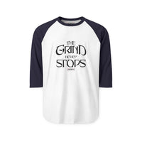 Raglan Shirt — “The Grind Never Stops” Motivational Baseball Tee