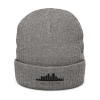 Embroidered City Skyline Ribbed Beanie – Minimal Urban Knit Hat