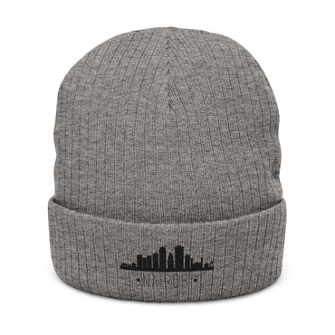 Embroidered City Skyline Ribbed Beanie – Minimal Urban Knit Hat