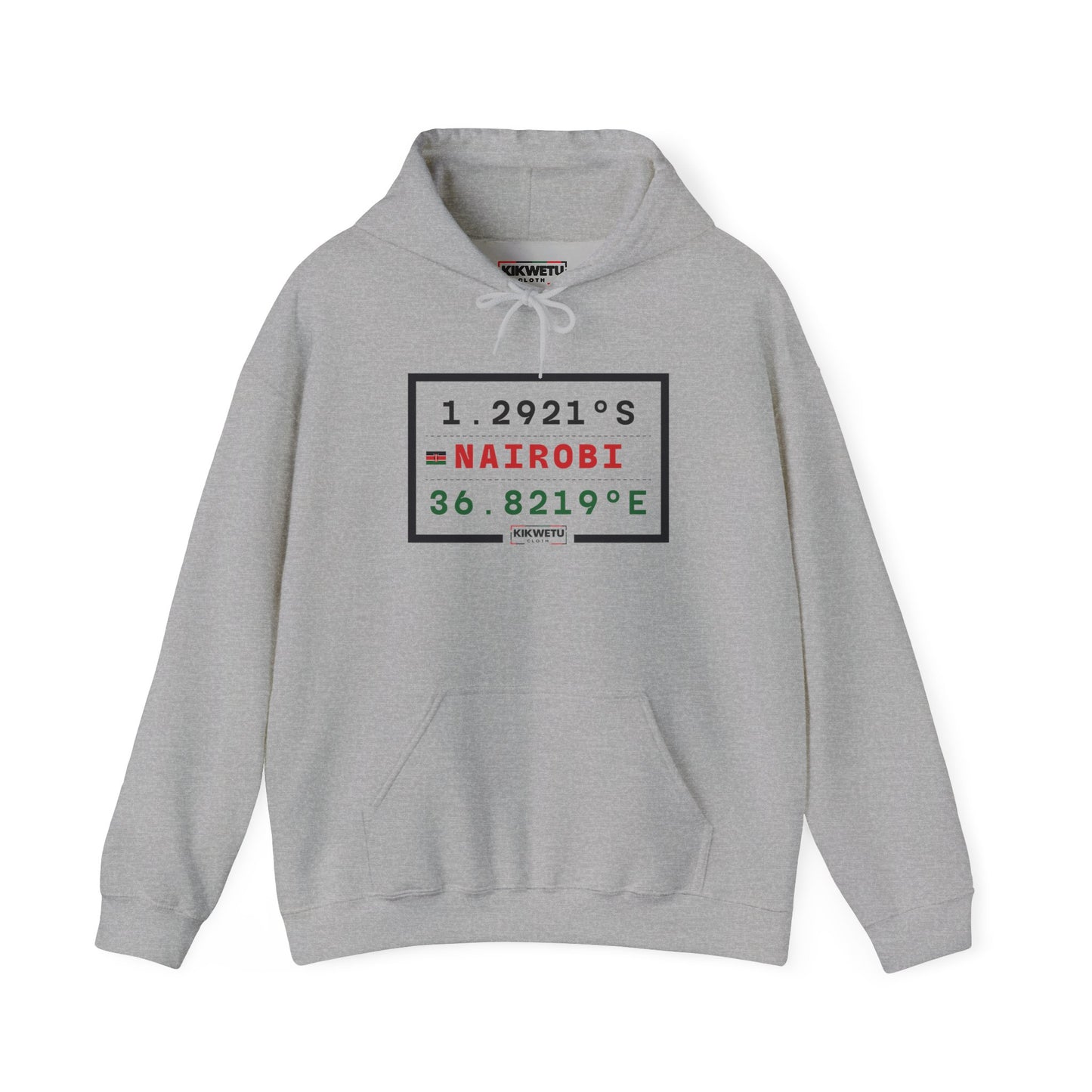Nairobi Coordinates Hoodie — Minimal Travel Sweatshirt with 1.2921S 36.8219E Design