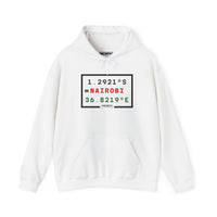 Nairobi Coordinates Hoodie — Minimal Travel Sweatshirt with 1.2921S 36.8219E Design