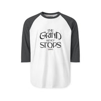 Raglan Shirt — “The Grind Never Stops” Motivational Baseball Tee