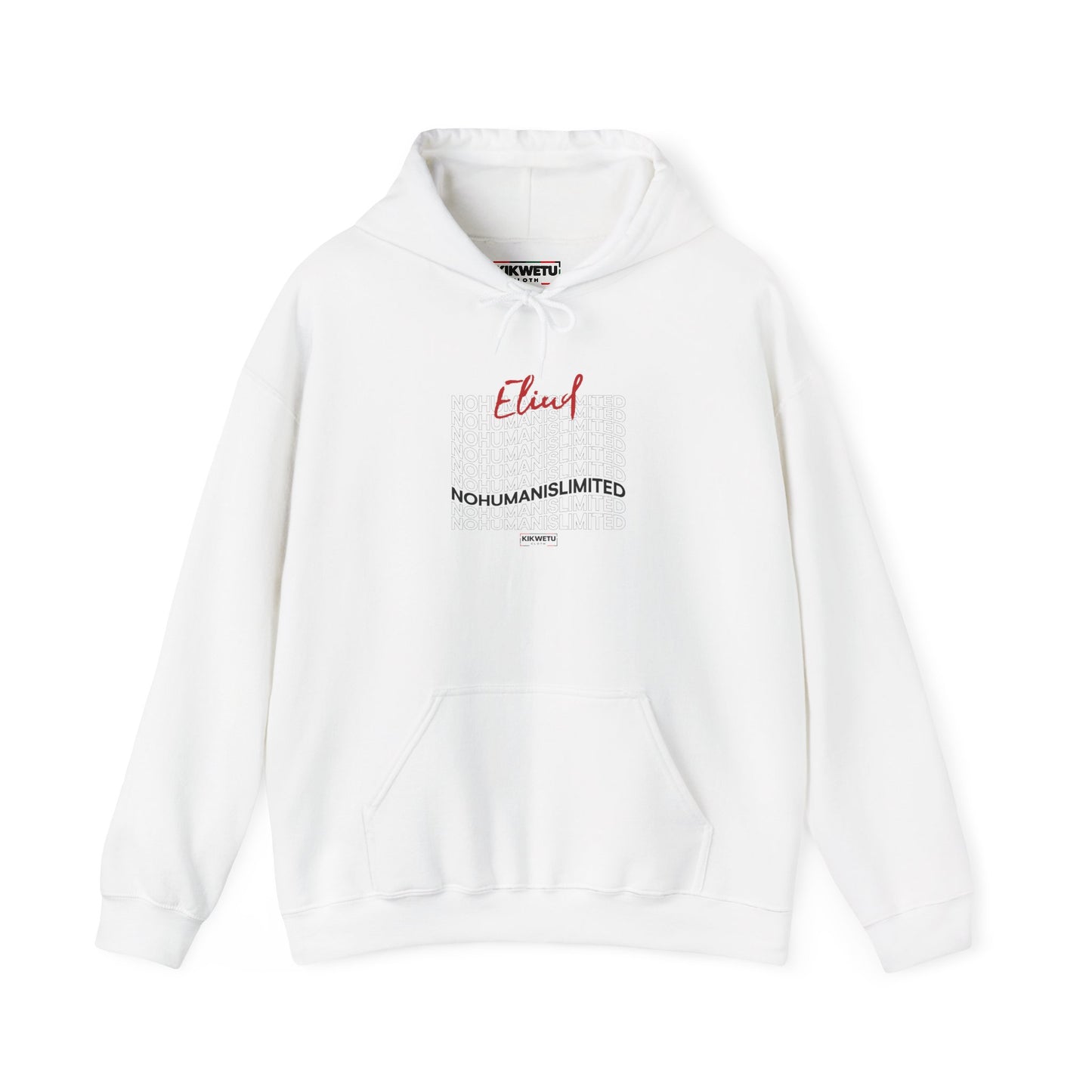 Eliud 'NO HUMAN IS LIMITED' Script Hoodie — Minimal White Pullover