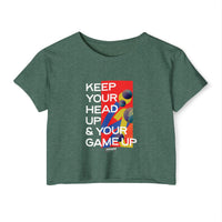 Festival Crop Top — "Keep Your Head Up & Your Game Up" Motivational Graphic