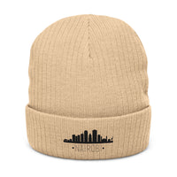 Embroidered City Skyline Ribbed Beanie – Minimal Urban Knit Hat